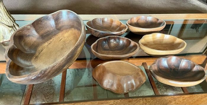 Vintage Carved Acacia Wood Shell Bowl Set 7 Pc Serving Salad Snack Nesting