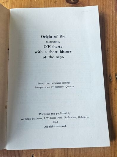 O'flaherty. Origin Of The Surname.  First Edition Paperback In Good Condition.  See Photos For Same.