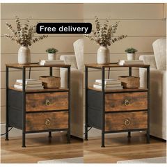 Bedside Table with Charging Station, Side Table with 2 USB Ports and Outlet