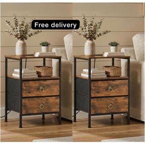 Bedside Table with Charging Station, Side Table with 2 USB Ports and Outlet