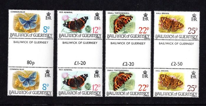 1981 Guernsey Butterflies Commemorative Stamps Gutter Pairs Mint Never Hinged (MNH)