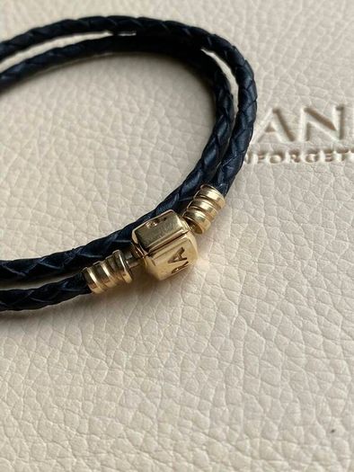 Pandora Black Double Leather Bracelet with 14 ct (585) Gold Clasp