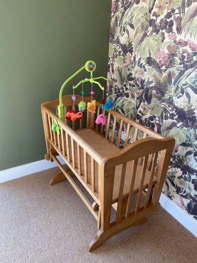 Pine baby  rocking crib with musical mobile