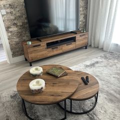 Matching Oak Effect TV Unit + Nest Coffee Tables