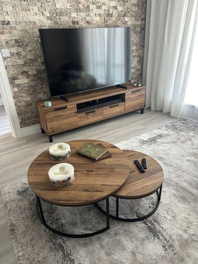 Matching Oak Effect TV Unit + Nest Coffee Tables