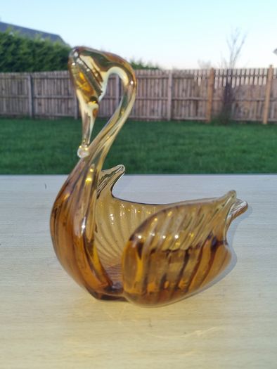 Vintage Amber Hand Blown Glass Swan Center Piece Dish