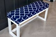 Navy Blue Geometric Wooden Bench 100x30cm White Alder Frame
