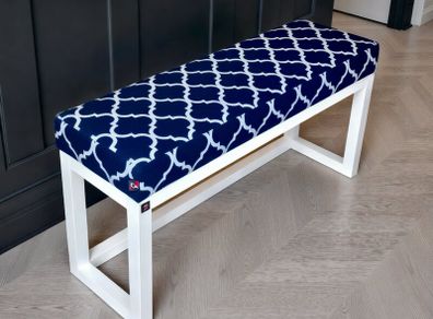 Navy Blue Geometric Wooden Bench 100x30cm White Alder Frame