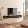 Floating TV Stand, 140cm Wall Mounted Media Console, Plywood TV Unit with 1 Door & 2 Open Cabinets,Easy Assembly for Living Room & Bedroom,Walnut and Black Image 4