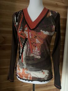 womens top long sleeve v neck brown tones size 10