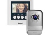 Legrand video intercom kit, consisting of an interior video monitor with a 4.3-inch color screen and wide-angle night vision exterior intercom, white finish.