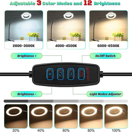10X Magnifying Glass with 3 Colour Modes LED Lighted Desk Lamp with Metal Clamp Flexible Gooseneck Magnifier for Reading Nail Art