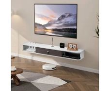Floating TV Stand, 55 in Wall Mount Entertainment Center with Cable Hole, Modern Floating TV Shelf with Storage Cabinet, Particle Board Console for DVD Player, Cable Box, Game Console, White