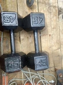 vintage 45 lb cast iron  hex dumbells
