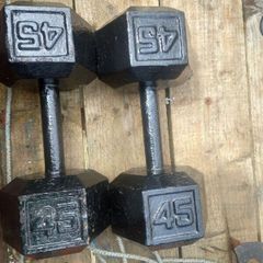 vintage 45 lb cast iron  hex dumbells