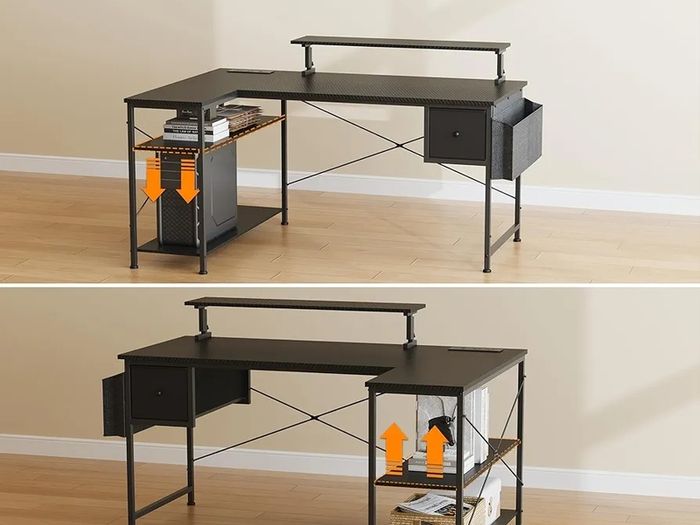 L Shaped Gaming Desk with LED Lights & Power Outlets, 120x80x70cm Reversible Corner Desk with Drawer Storage Bag & Monitor Stand, Carbon Fiber Black