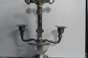 Vintage Jesus Christ Cross Crucifix with Candlestick and Holy Water Basin, devotional items.