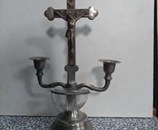 Vintage Jesus Christ Cross Crucifix with Candlestick and Holy Water Basin, devotional items.