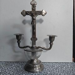 Vintage Jesus Christ Cross Crucifix with Candlestick and Holy Water Basin, devotional items.