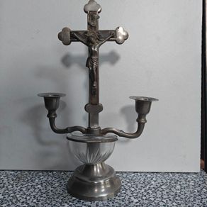 Vintage Jesus Christ Cross Crucifix with Candlestick and Holy Water Basin, devotional items.