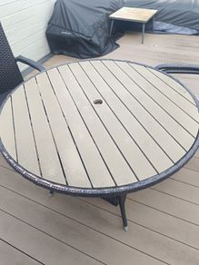 Garden table, chairs and umbrella and base