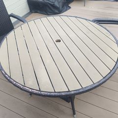 Garden table, chairs and umbrella and base