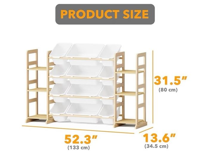Toy Storage Organizer with 6 Shelves and 12 Bins, Bookshelf/Bookcase, Kids Bin Shelf, Toys Box for Playroom Organization for Bedroom & Room Decor, White, 52.3" W