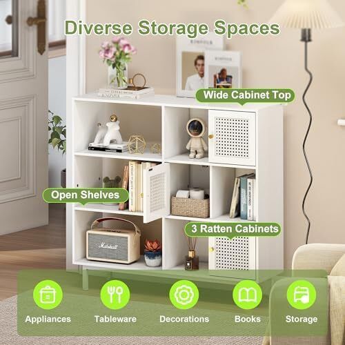 Rattan Bookcase, Storage Sideboard Cabinet with Metal Legs, Wooden Bookshelf with 3 Door, 6 Open Compartments, Freestanding Display Rack for Living Room, Study,102x29x96cm(White)