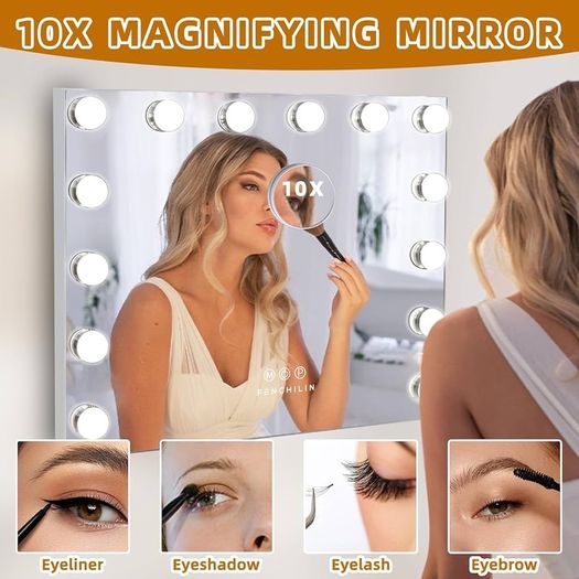 NEW SALE | Hollywood Mirror Vanity Mirror with Lights 14 Dimmable Lightbulbs 3 Lighting Modes for Dressing Table Vanity Mirror Makeup Mirror 10x Magnifying Glass Touchscreen 50x42cm