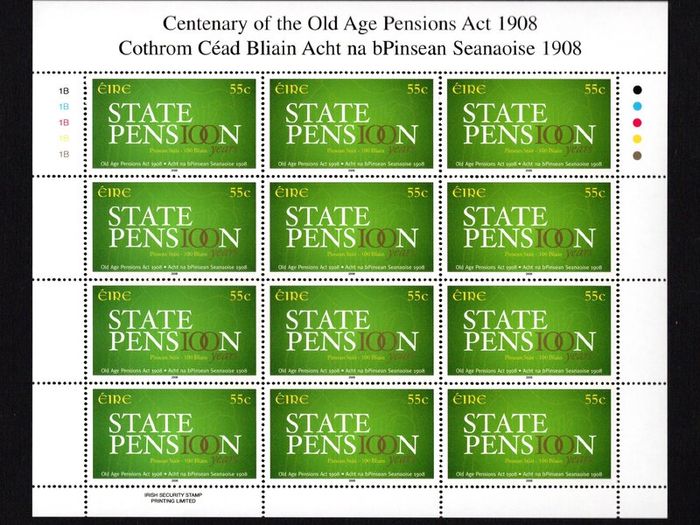 2008 Ireland Centenary of the Old Age Pensions Act Commemorative Stamp Sheetlet Plate 1B1B1B1B1B Mint Never Hinged (MNH)