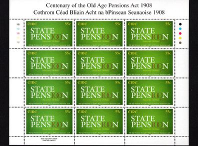 2008 Ireland Centenary of the Old Age Pensions Act Commemorative Stamp Sheetlet Plate 1B1B1B1B1B Mint Never Hinged (MNH)