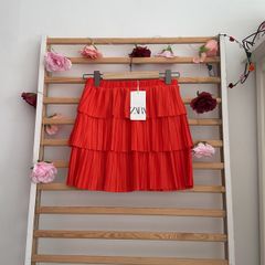 skirt Zara mini pleated tiered skirt coral red small