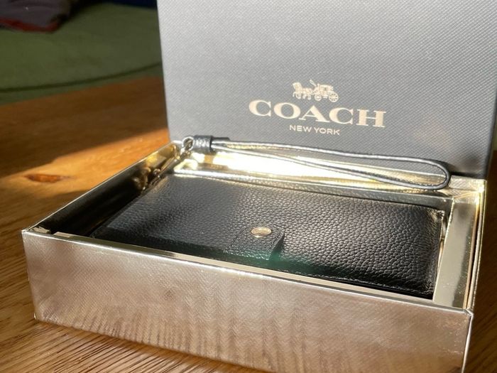 Coach Pebbled Black Leather Phone Wristlet Wallet