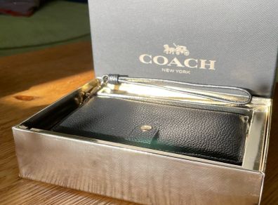 Coach Pebbled Black Leather Phone Wristlet Wallet