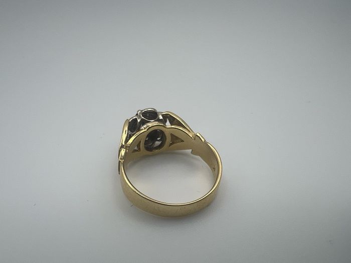 Antique 18ct Gold Diamond and Sapphire Ring Custom Crown Design - 6 Diamond cluster and Large Dark Blue Rare Sapphire - Beautiful Crown Design