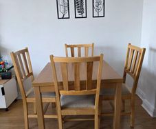 folding table and 4 oak wood chairs