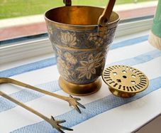 Vintage brass enamel Ice bucket with drip tray and tongs