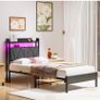 Single Bed Frames with 3ft Upholstered Wooden Two-shelf Storage Headboard, Charging Station,LED Lights, Image 2