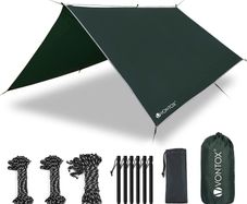 Tent Tarp Waterproof, Rain Tent Tarp Light Ripstop Fabric-10X10 Ft, PU3000mm-Anti-UV, 6 Aluminum Tent Stakes + 8 Guy Lines, for Camping, Travel, Outdoor, Hammocks (Dark Green)