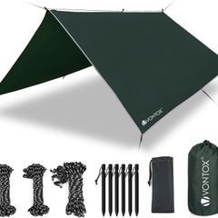 Tent Tarp Waterproof, Rain Tent Tarp Light Ripstop Fabric-10X10 Ft, PU3000mm-Anti-UV, 6 Aluminum Tent Stakes + 8 Guy Lines, for Camping, Travel, Outdoor, Hammocks (Dark Green)