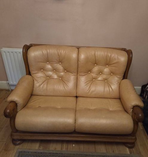 Champagne Leather and Walnut Wood Sofas