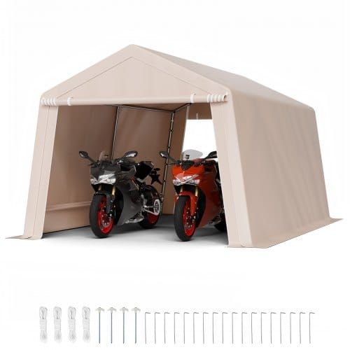 Outdoor Storage Shed, 10 x 15 ft Portable Storage Tent with 2 Roll-up Doors & Vents, Waterproof Canopy Shed Shelter, Heavy Duty Frame, Patio Garage Carport for Motorcycle Lawn Mower, Beige  Heavy-Duty Metal Frame: This large 10x15 ft portable storage 