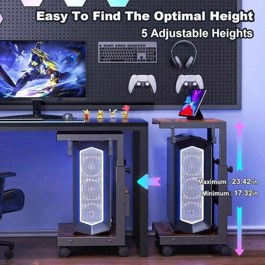 Height Adjustable Computer Tower Stand with 2-Tier ATX-Case Cart, Floor Standing Computer stand, With Storage Space, locking casters, fits most computers (Dark Brown, W44 x D30 x H44-59.5cm)