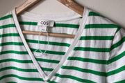 COS Green &amp; White Striped V-Neck T-Shirt - Organic Cotton Jersey S