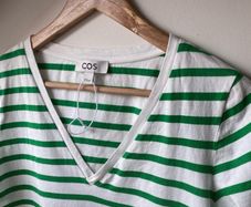 COS Green & White Striped V-Neck T-Shirt - Organic Cotton Jersey S