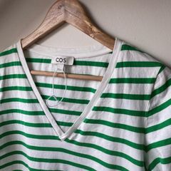 COS Green & White Striped V-Neck T-Shirt - Organic Cotton Jersey S