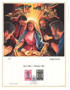 1984 Isle of Man Limited Edition Lithographed Print measuring 333mm X 257mm showing Christmas Commemorative Stamp with First Day of Issue Cancel