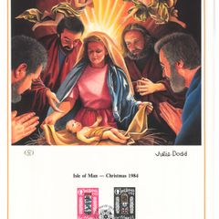1984 Isle of Man Limited Edition Lithographed Print measuring 333mm X 257mm showing Christmas Commemorative Stamp with First Day of Issue Cancel