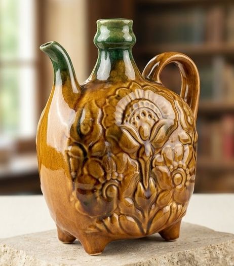 Vintage Majolica Glazed Ceramic Pilgrim Flask / Wine Canteen Jug (4-Footed)