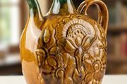 Vintage Majolica Glazed Ceramic Pilgrim Flask / Wine Canteen Jug (4-Footed)
